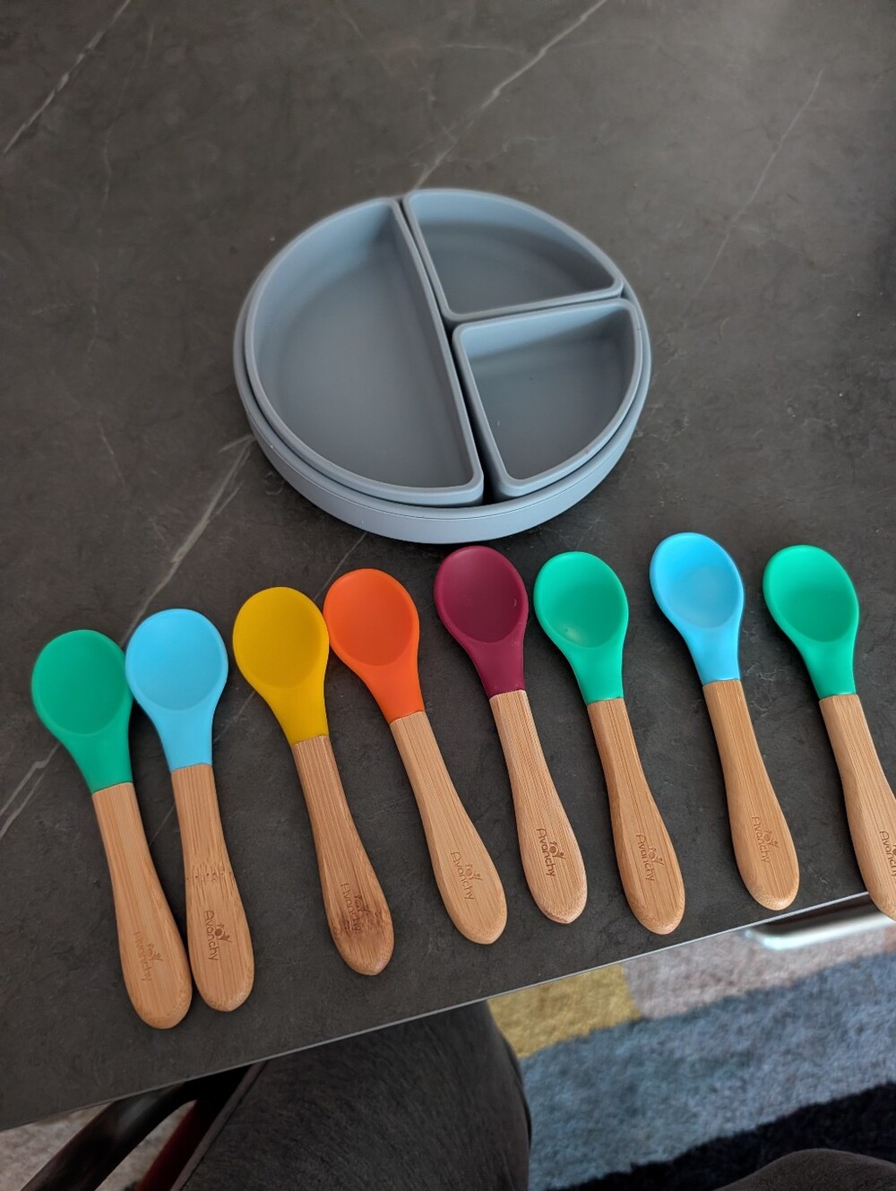 Gray Silicone Divided Suction Plate with Avnachy Rainbow Bamboo Spoons